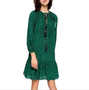 Rebecca Minkoff Charlize Shift Dress Green Paisley Tassel Tie Neck Long Sleeves